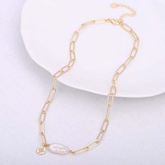 18k Gold Paperclip Chain Choker Satellite Chain Lava Bead Pendant Necklace Daint